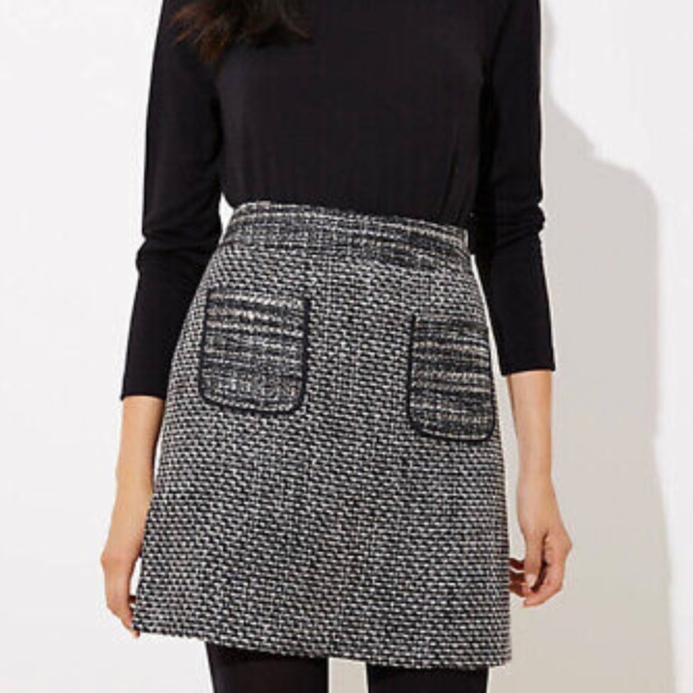 NWT-Loft Black Grey Tweed Pockets Zipper Pencil Skirt- Petite 0P